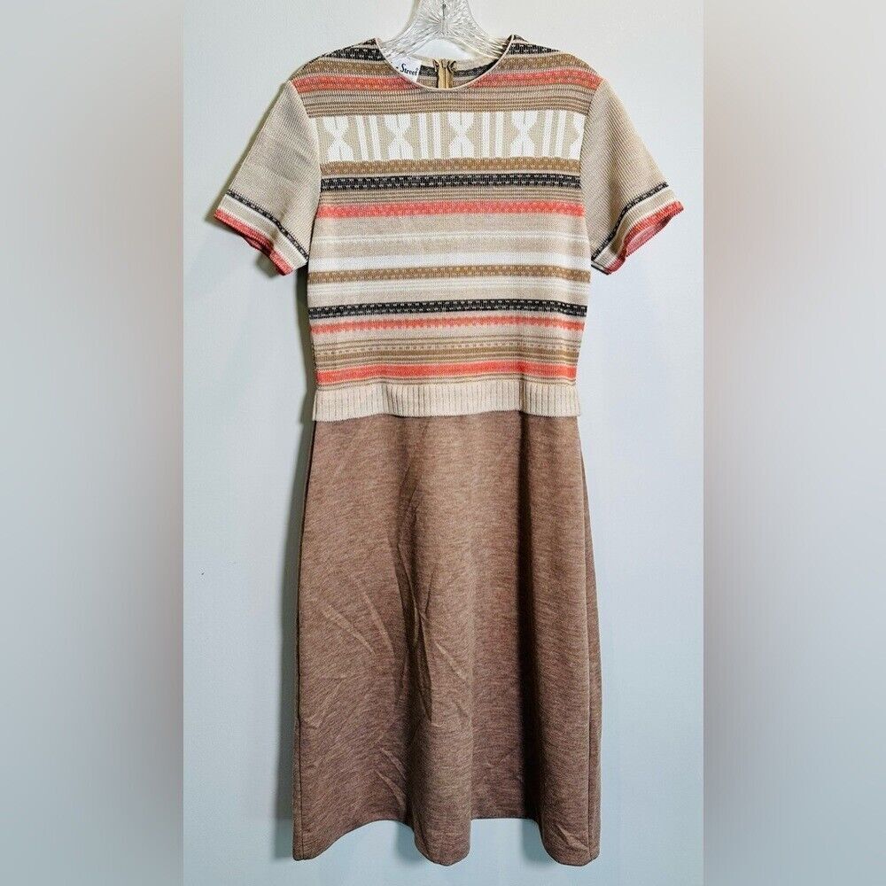 Bleeker Street Vintage 1960s Short‎ Sleeve Midi Knit Dress Women's 8 Tan Coral